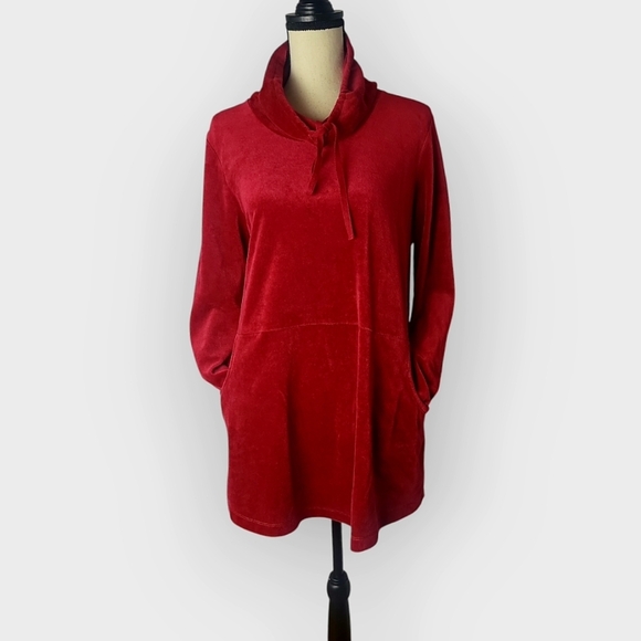J Jill Pure Jill Red Velour Cowl Neck Side Pockets Super Soft Tunic Size Large - Picture 1 of 6